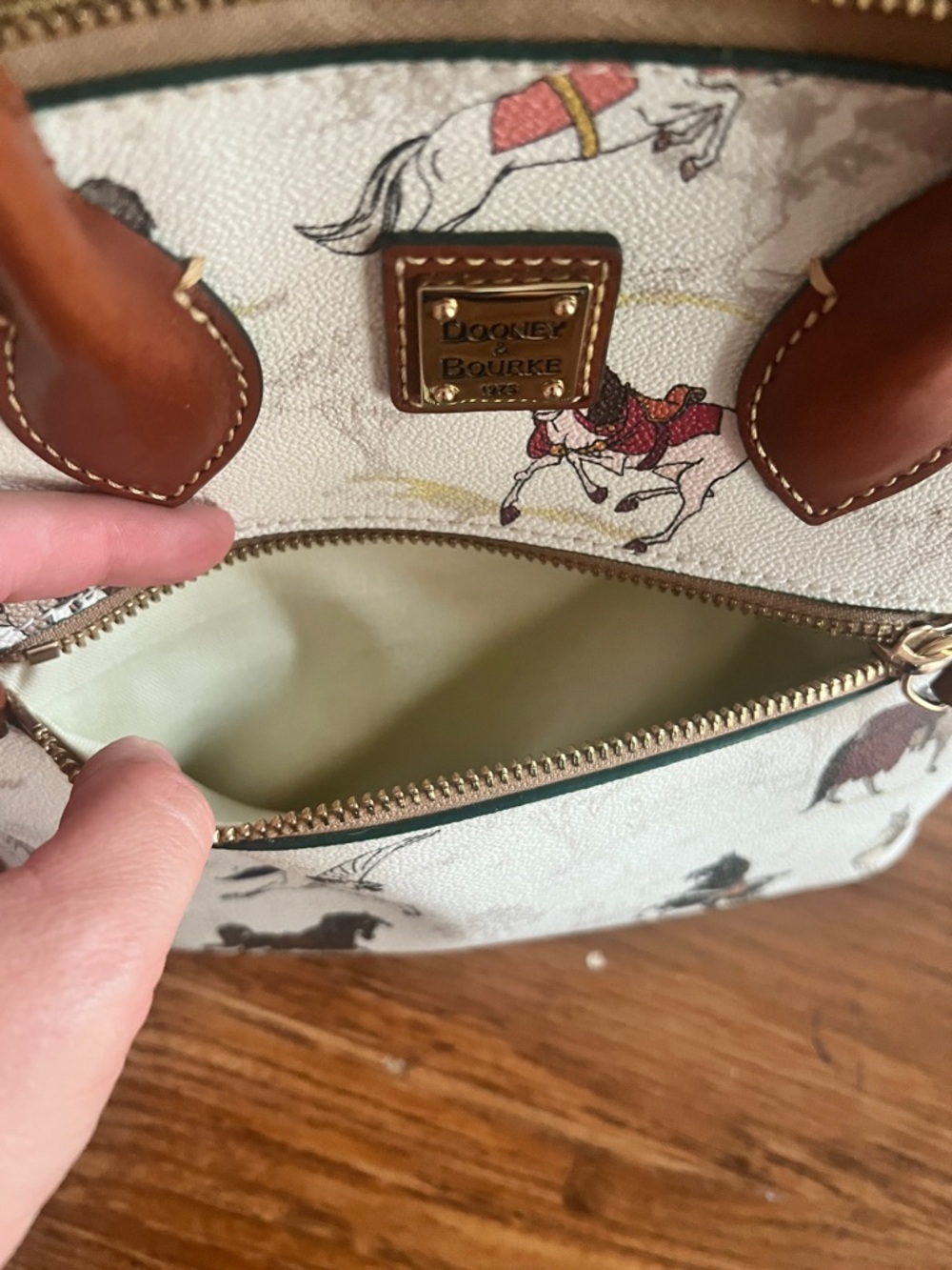 Dooney & Bourke Cream Horse & Pegasus Print Satchel with Tan Trim - Picture 3 of 7